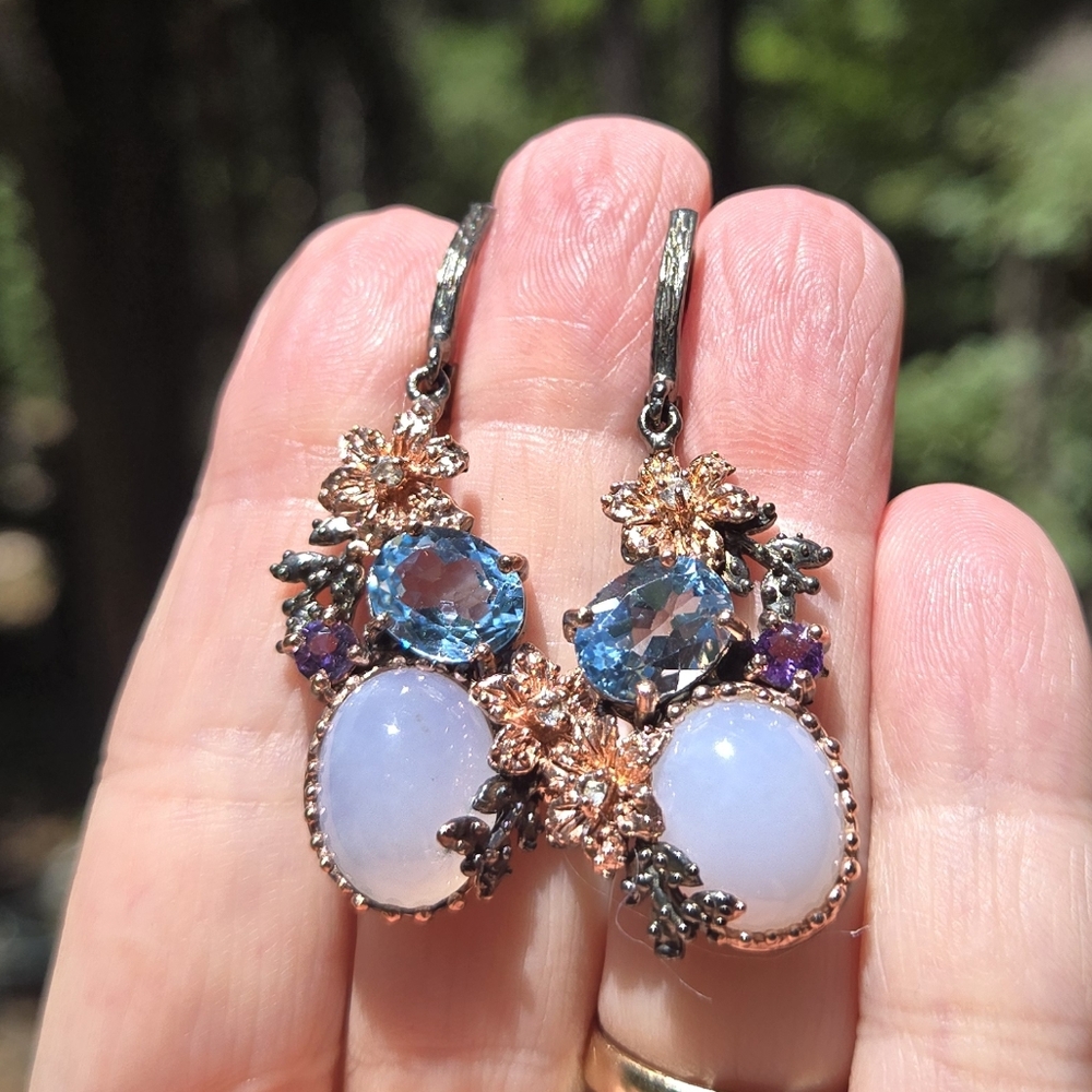 Chalcedony Topaz Amethyst Aquamarine Sterling Rhodium & Rosegold Floral Earrings - Picture 5 of 10